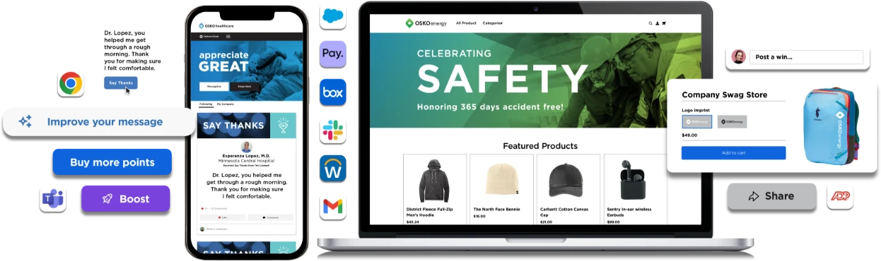 O.C. Tanner's Culture Cloud ptalform, featuring customer-to-employee recognition, a mobile app, integrations, an award store, and more