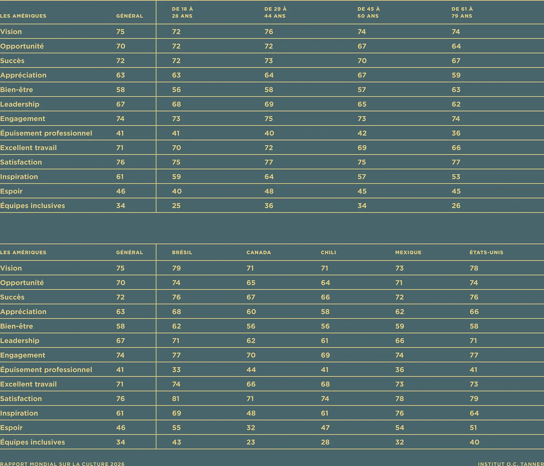 Les aimants à talents pour les Amériques, selon les groupes d’âge et les pays. 