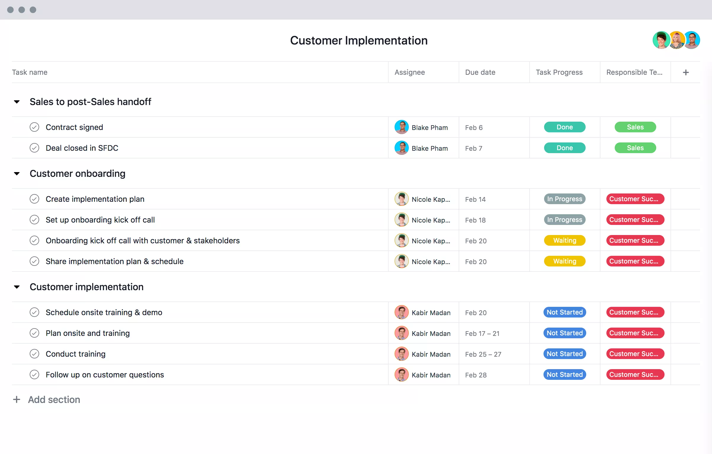 screenshot of asana for customer implementations
