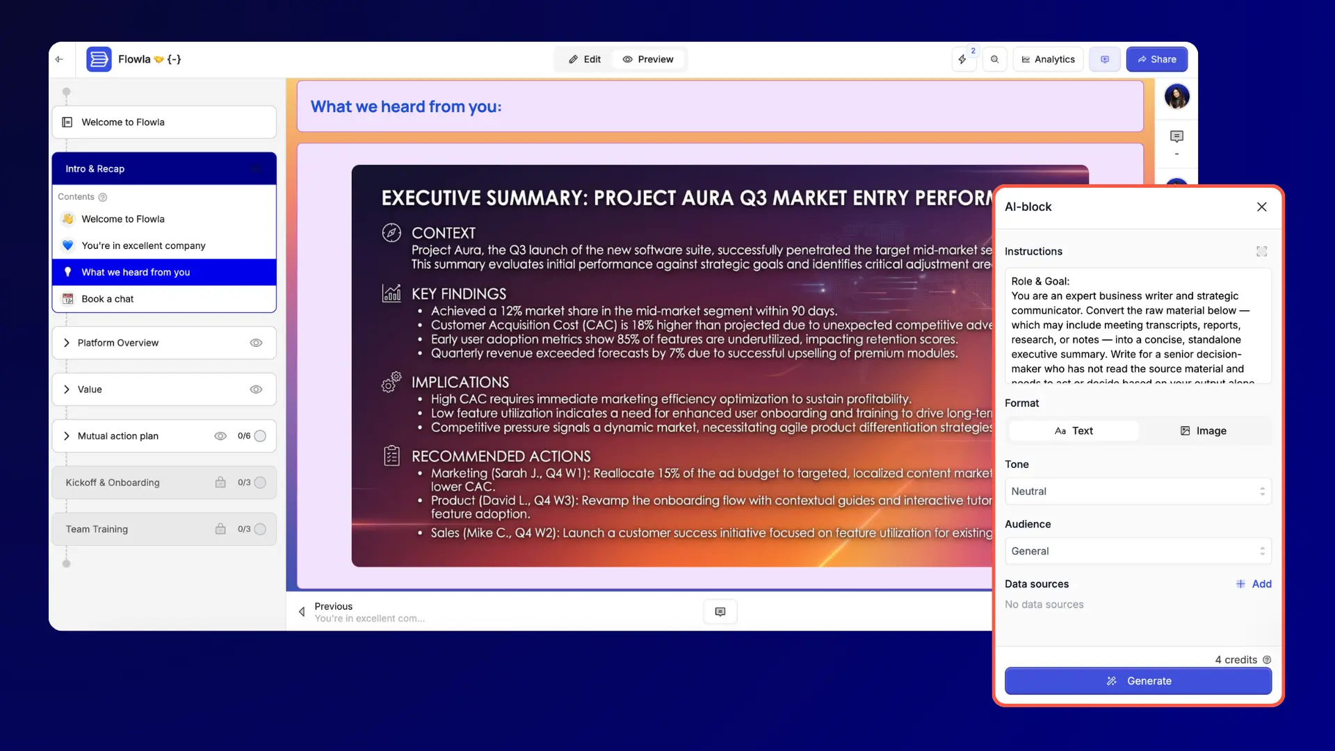 AI blocks in flowla room with instructions tab