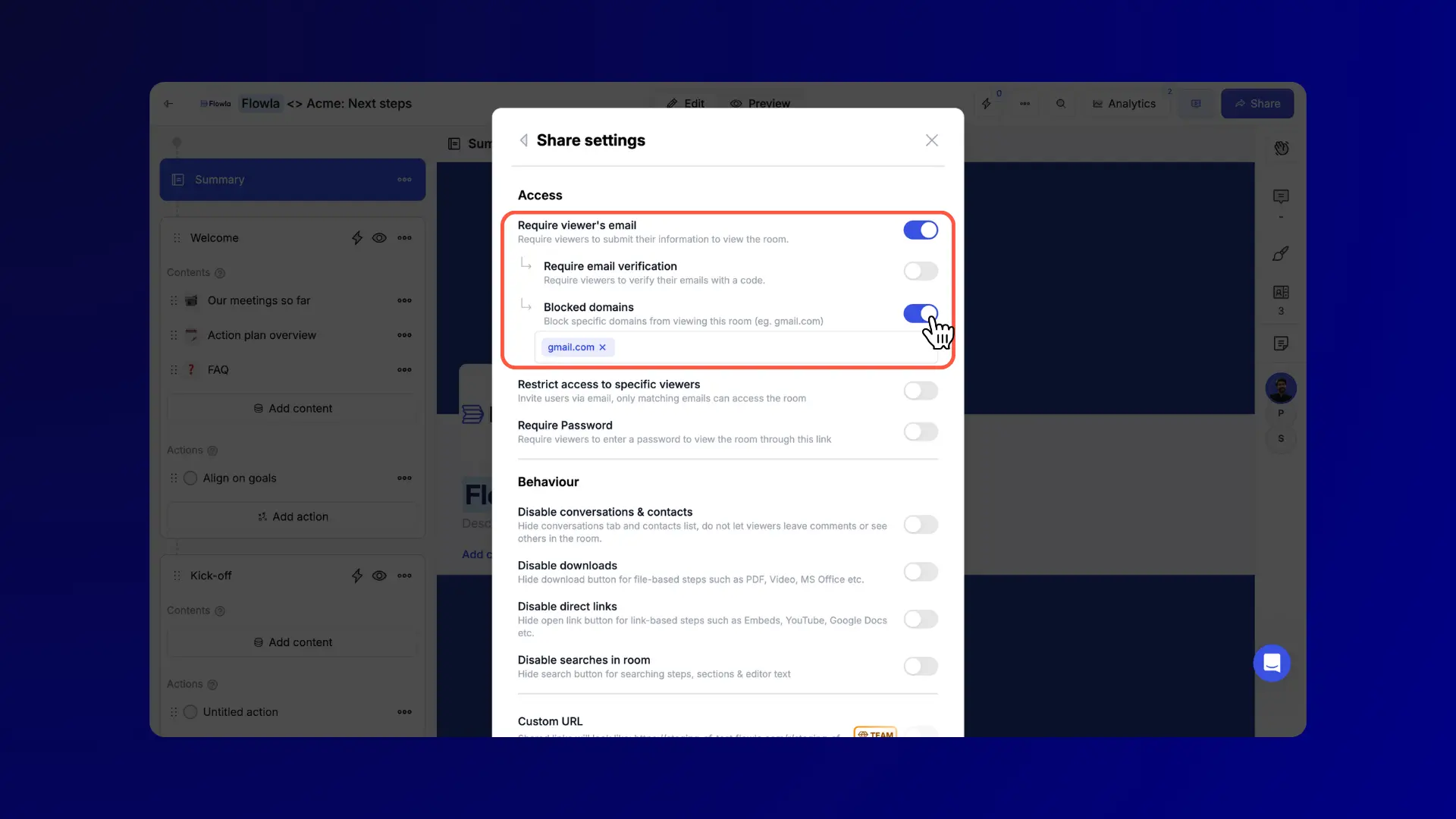 Flowla room settings showing domain blocking