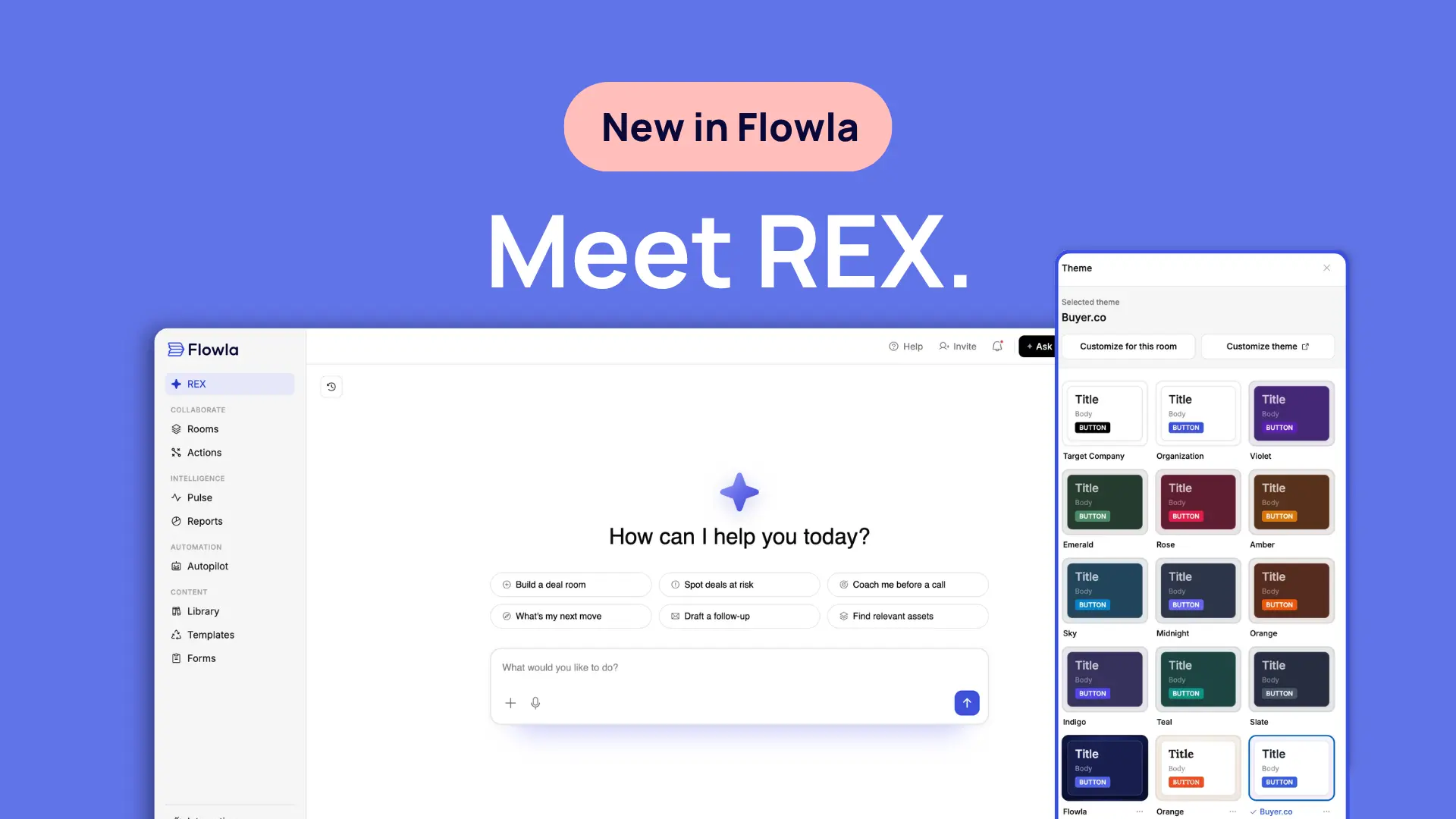 Flowla product update cover image announcing REX, Flowla's revenue execution agent