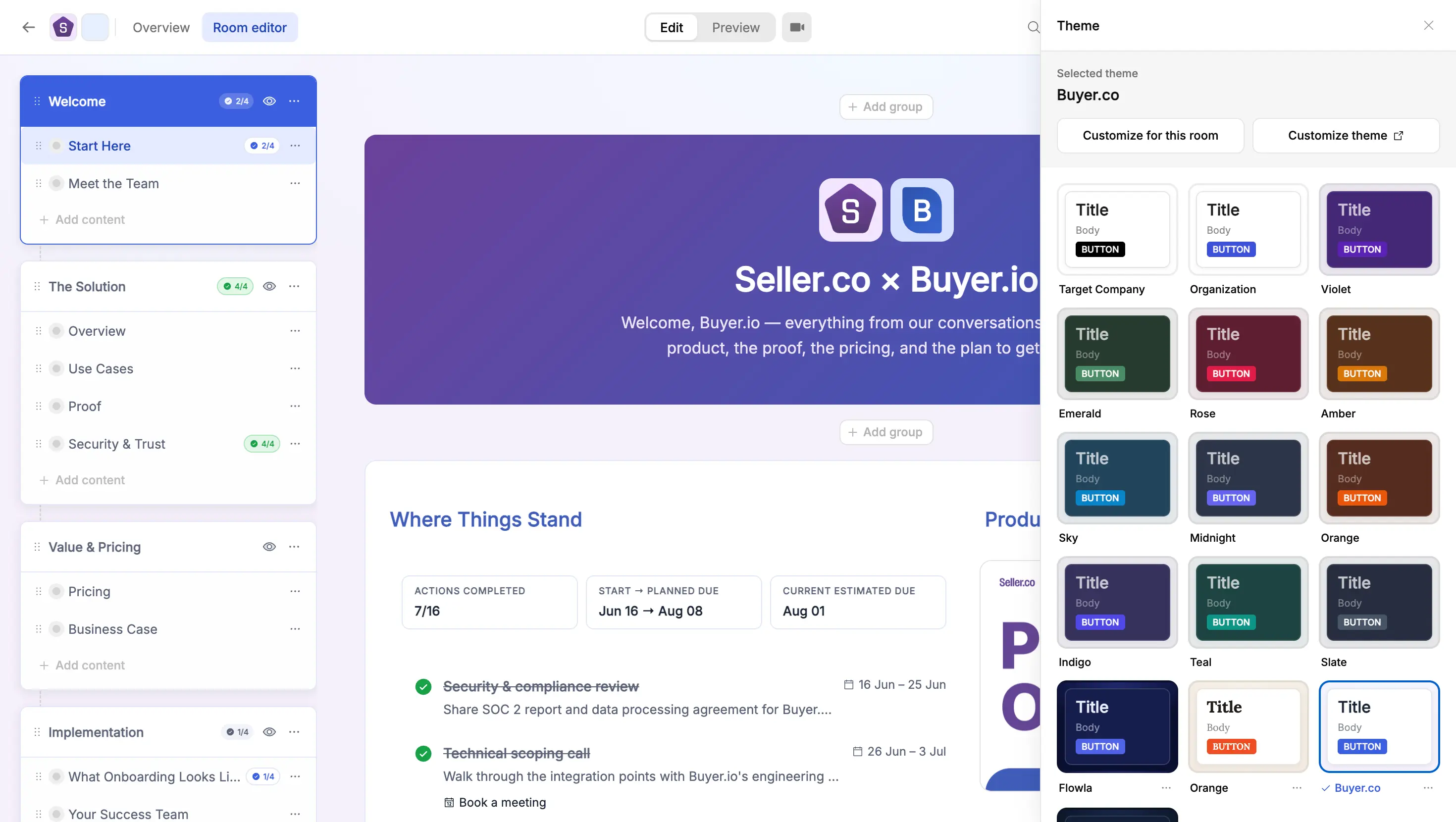 Flowla room editor showing the Theme panel with a grid of preset themes (Target Company, Organization, Violet, Emerald, Rose, Amber, Sky, Midnight, Orange, Indigo, Teal, Slate, Flowla, Orange, Buyer.co), with the Buyer.co theme selected and applied to a "Seller.co x Buyer.io" room in purple branding.