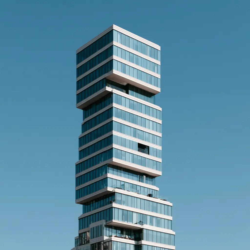 A modern, high-rise architectural building with staggered glass levels and a cantilevered design against a clear, solid blue sky.