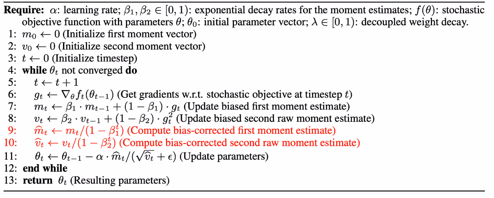 ASAPP—BERTAdam omits lines 9 and 10 which are used to correct the biases in the first and second moment estimates.