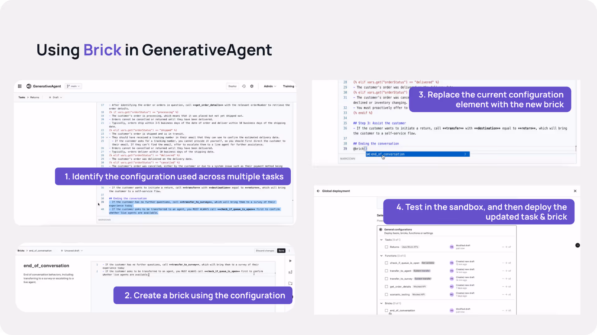 Screenshot sequence showing how a reusable brick is created from shared configuration, inserted into multiple GenerativeAgent tasks, tested in a sandbox, and deployed across workflows.