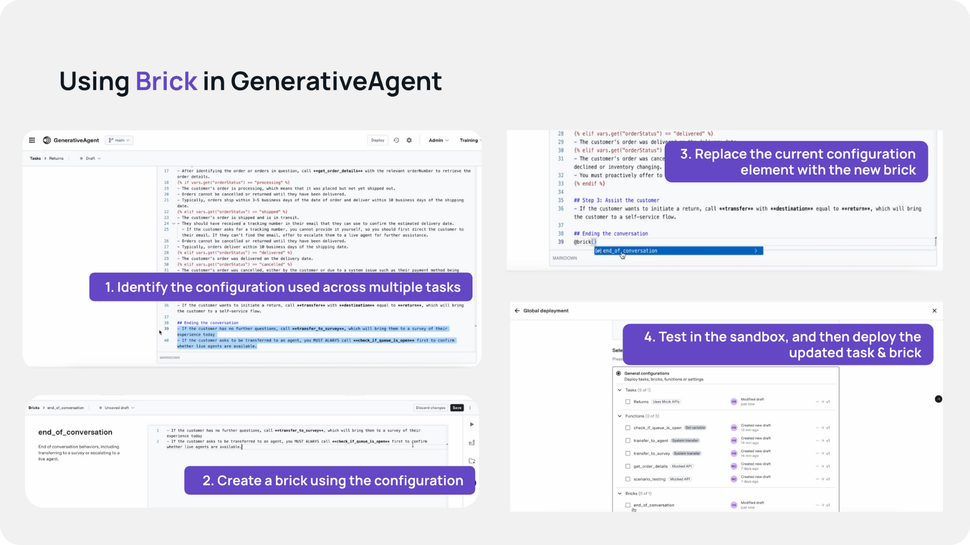 Screenshot sequence showing how a reusable brick is created from shared configuration, inserted into multiple GenerativeAgent tasks, tested in a sandbox, and deployed across workflows.