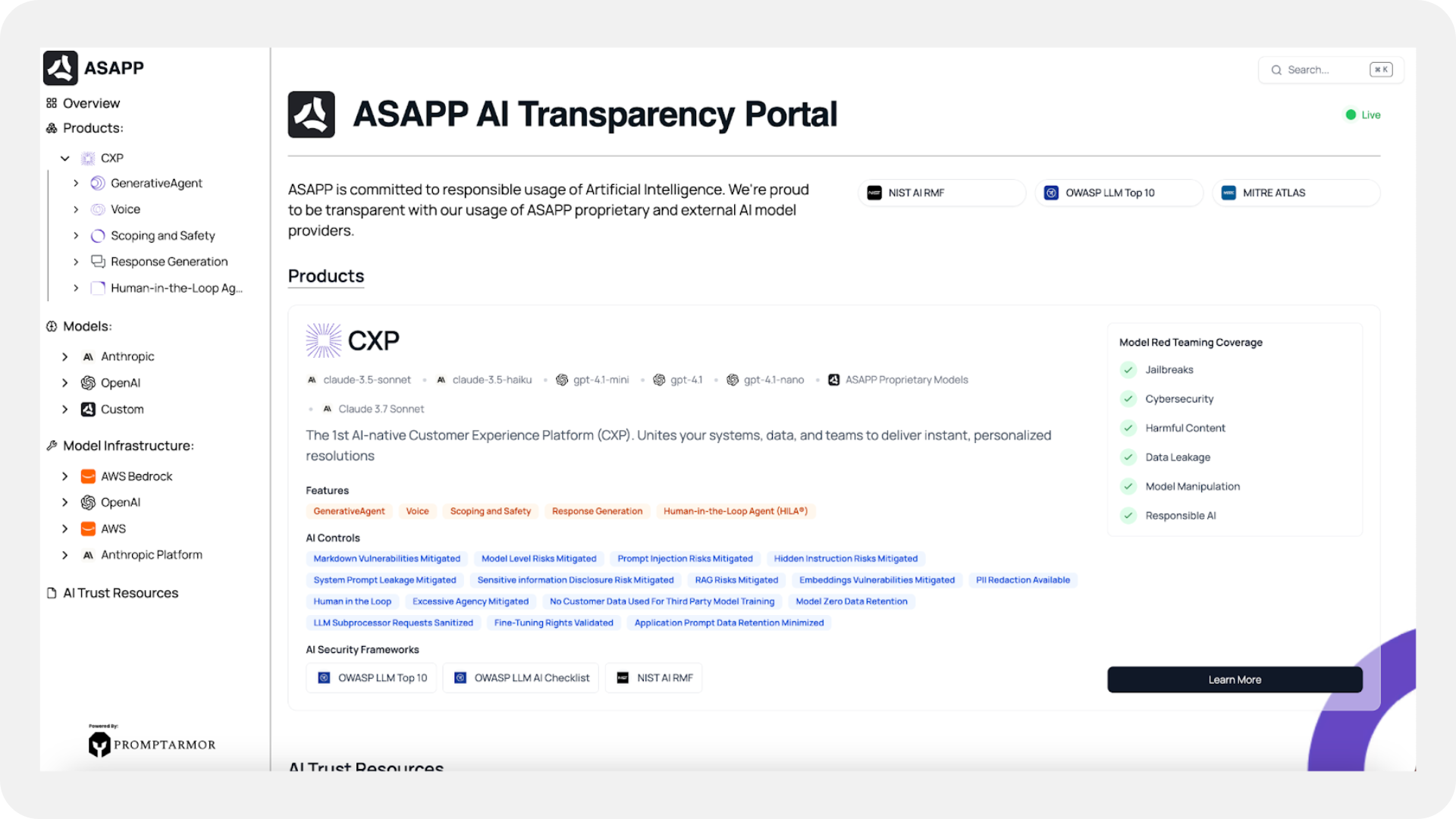 A screenshot of ASAPP's AI Transparency Portal