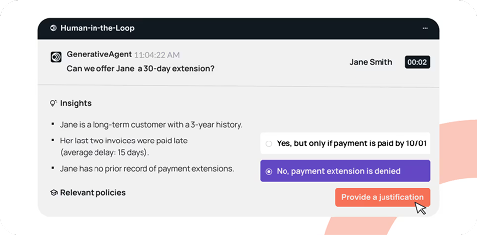 Interface mockup labeled “Human-in-the-Loop” showing a GenerativeAgent asking, “Can we offer Jane a 30-day extension?” addressed to Jane Smith, with a small timer showing 00:02. Below, an “Insights” section lists that Jane is a long-term customer with a 3-year history, her last two invoices were paid late with an average 15-day delay, and she has no prior record of payment extensions. On the right are two decision options: “Yes, but only if payment is paid by 10/01” and a selected option, “No, payment extension is denied.” A coral button at the bottom says “Provide a justification,” with a cursor pointing to it.