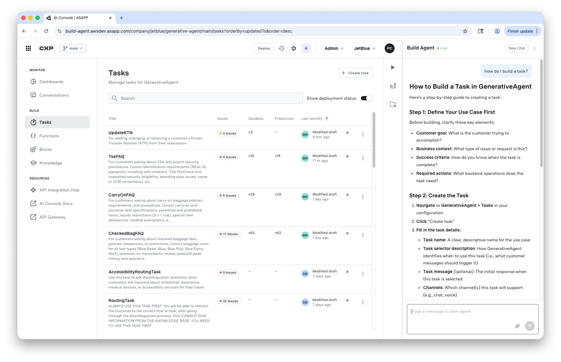 Developer Agent — Natural language task input with AI-generated build plan shown for review and approval before execution