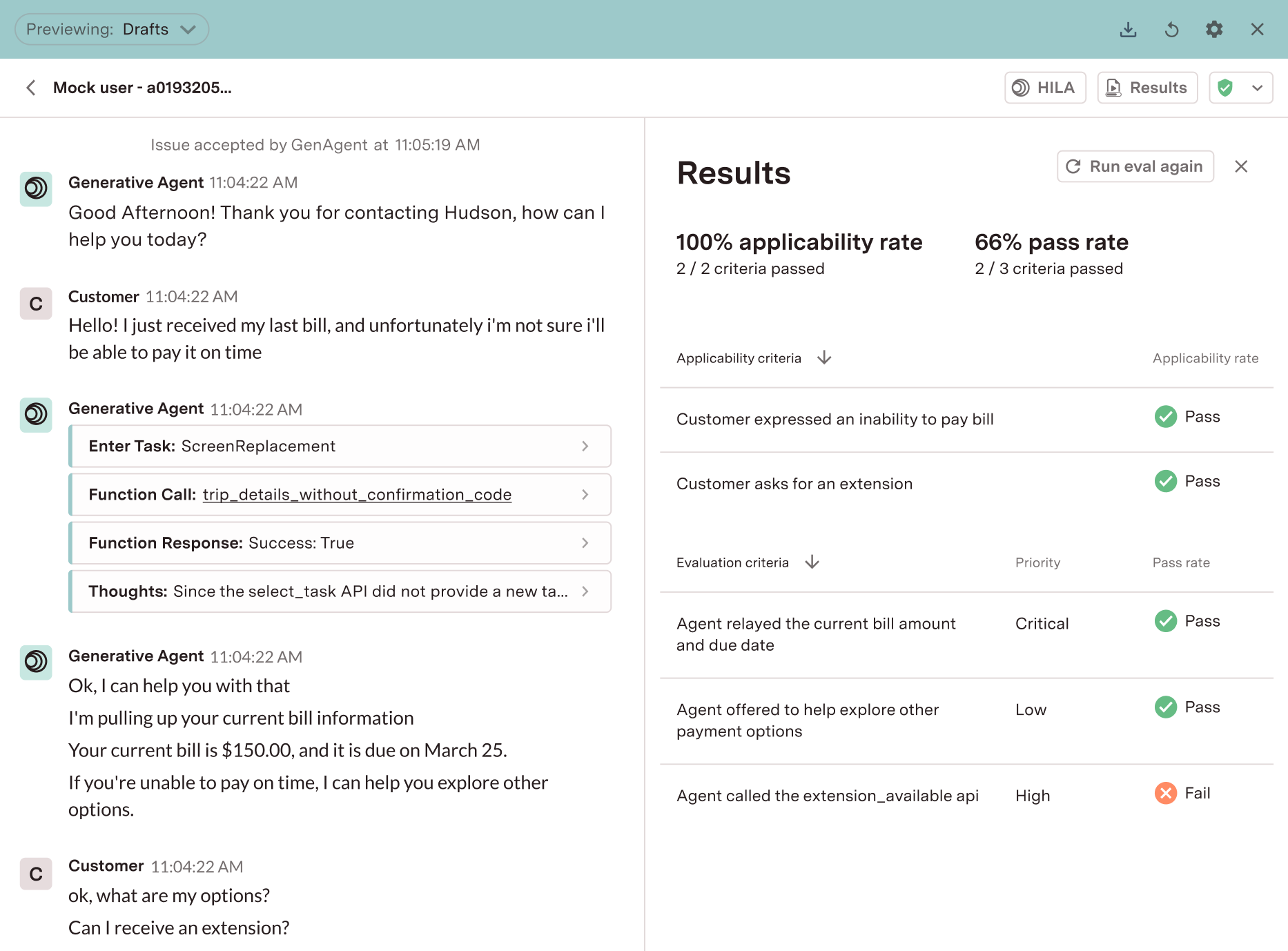 Simulation Agent — Test scenario configuration view showing customer persona, goals, and post-run evaluation outcomes