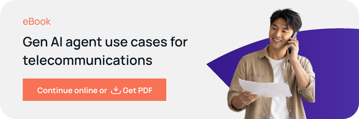 eBook card showing ‘Gen AI agent use cases for telecommunications’ with a man on the phone holding a paper, and a button reading ‘Continue online or Get PDF’ with a download icon.