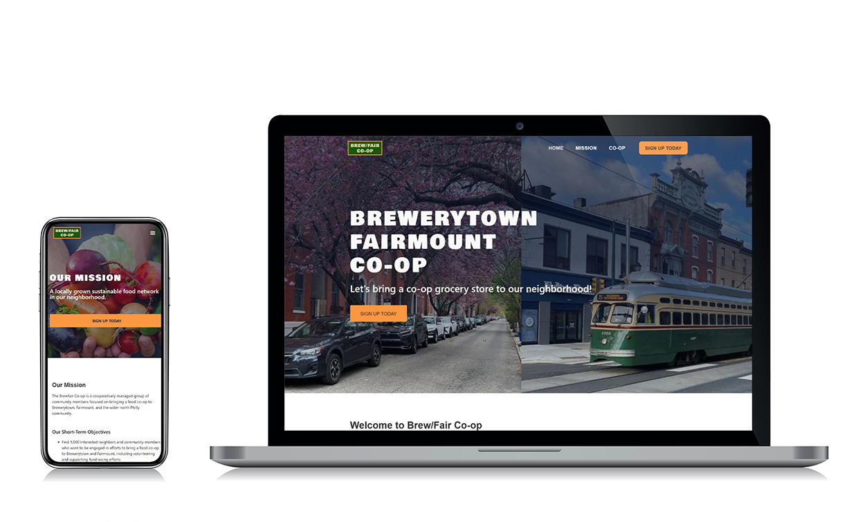 Brew/Fair website on mobile and laptop screens.