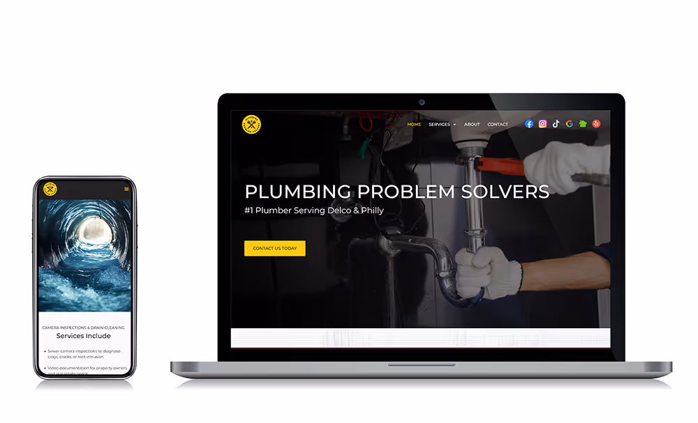Plumbing Problem Solvers' website on mobile and laptop screens.