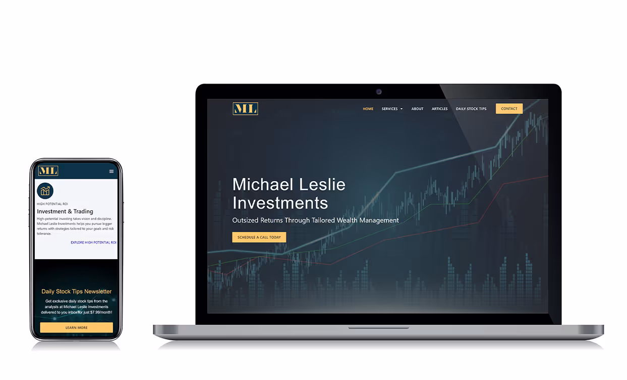 Michael Leslie Investments' website on mobile and laptop screens.