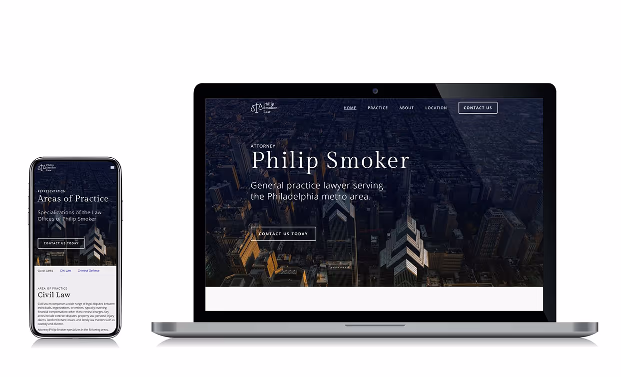 Philip Smoker Law's website on mobile and laptop screens.
