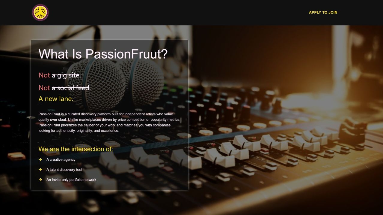 Mixing board behind an explainer of the service on the Passion Fruut website.