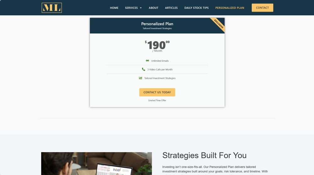 Personalized plan page of Michael Leslie Investments website.