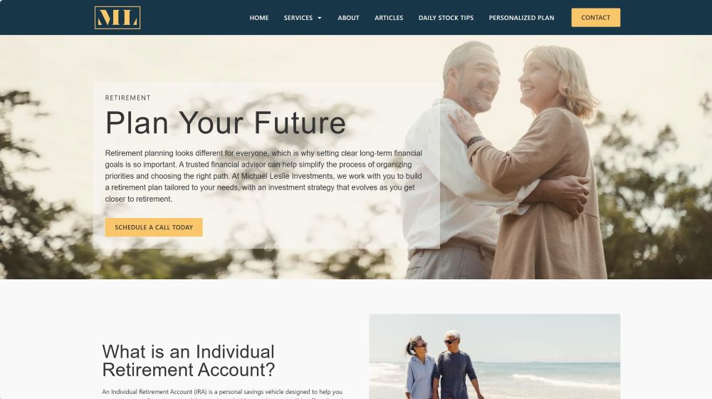 Retirement planning page of Michael Leslie Investments website.