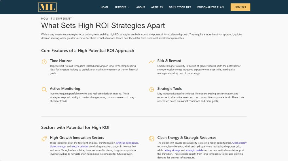 High ROI page of Michael Leslie Investments website.