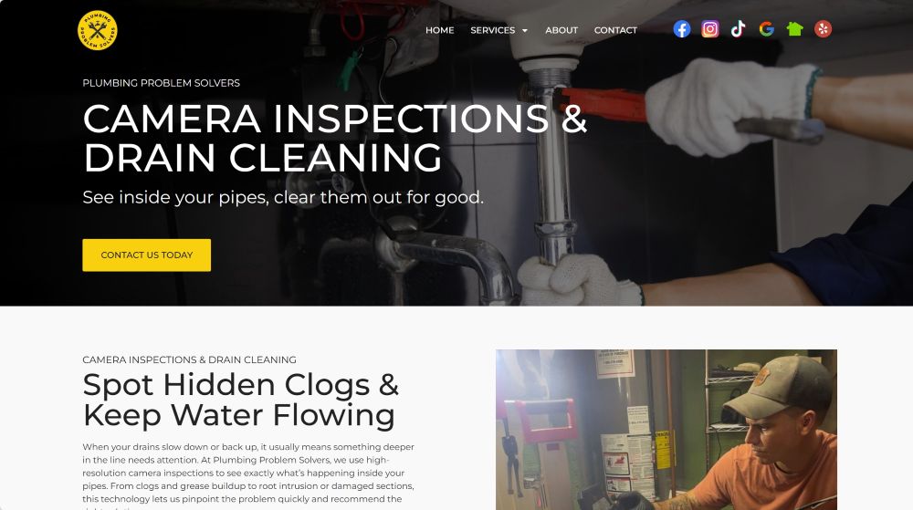 Camera inspections and drain cleaning page of the Plumbing Problem Solvers website.