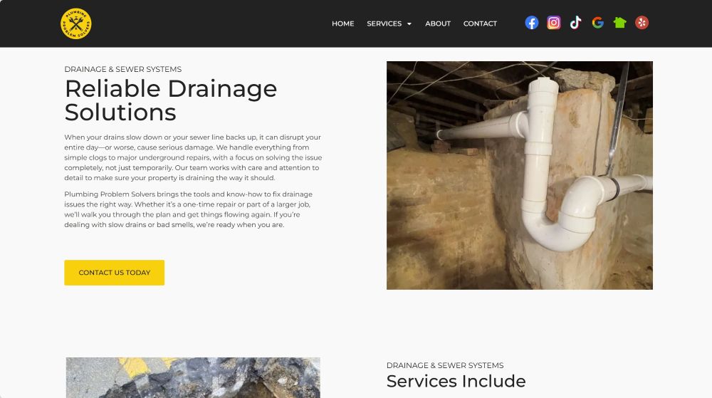Drainage and sewer systems page of the Plumbing Problem Solvers website.