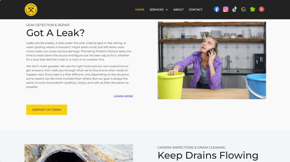 Leak detection and repair page of the Plumbing Problem Solvers website.