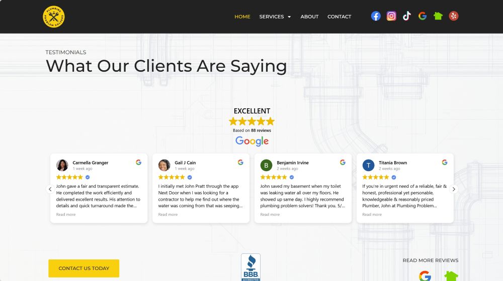 Testimonials section of the Plumbing Problem Solvers website.