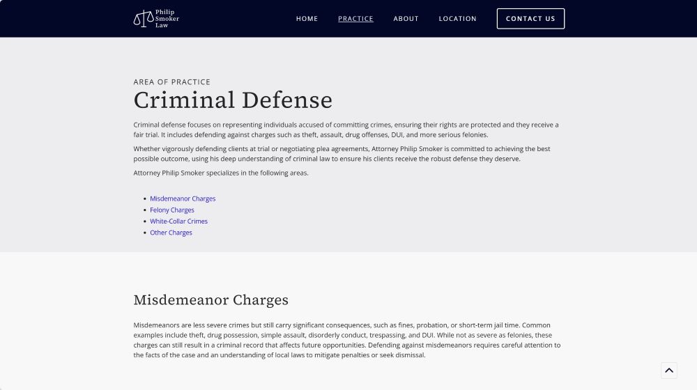Criminal defense page of the Philip Smoker Law website.