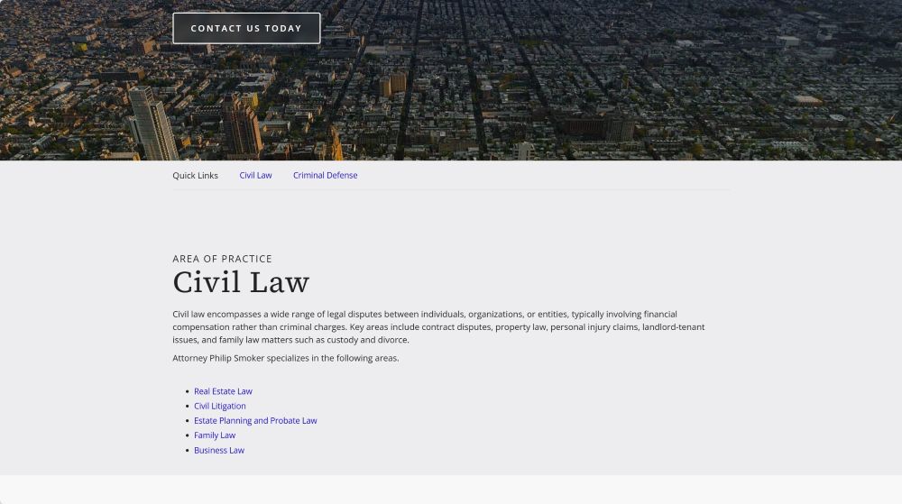 Civil law section of the Philip Smoker Law website.