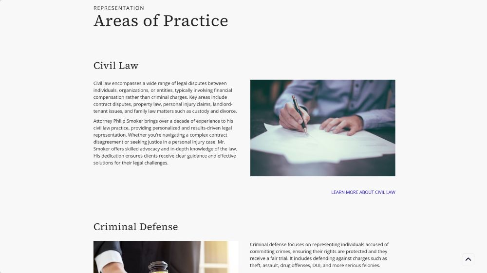 Areas of practice on the Philip Smoker Law website.