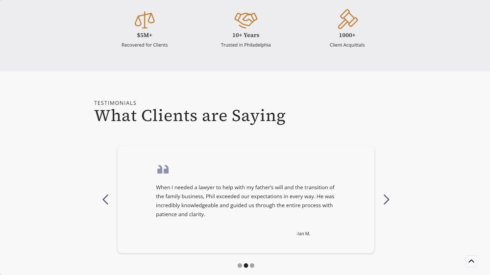 Testimonials section of the Philip Smoker Law website.