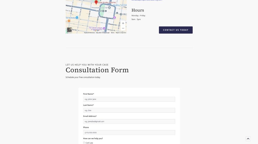 Map and contact for on the Philip Smoker Law website.