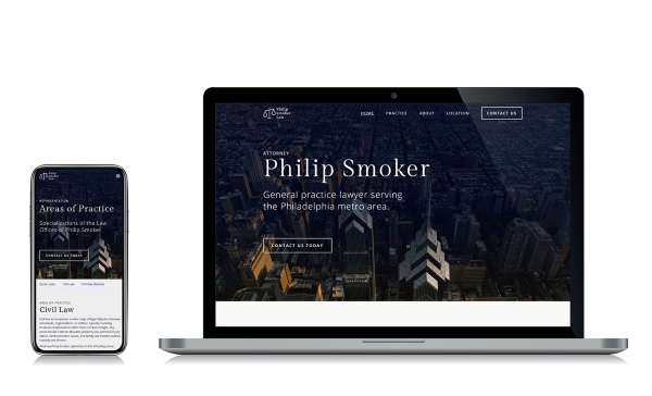 Philip Smoker Law's website on mobile and laptop screens.