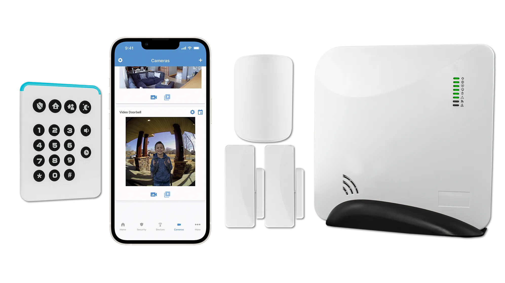 Alarm system with keypad, mobile app, motion detector and door sensors