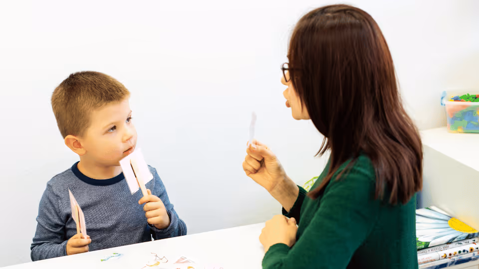 A speech therapist engages in conversation with a young boy, sharing a moment of connection and communication.