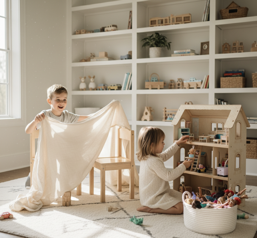 A brother and sister playing in a living room play area. The boy is draping a sheet over two chairs to make a fort. The girl is playing with a dollhouse and has a bin full of dolls.