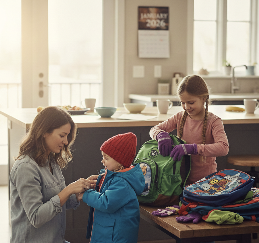 A mom struggling to put her kids hat and coat on while an older daughter fills her backpack on a winter morning before school