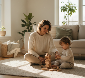Parent sitting with their child at home while the child plays, representing a family exploring developmental support options