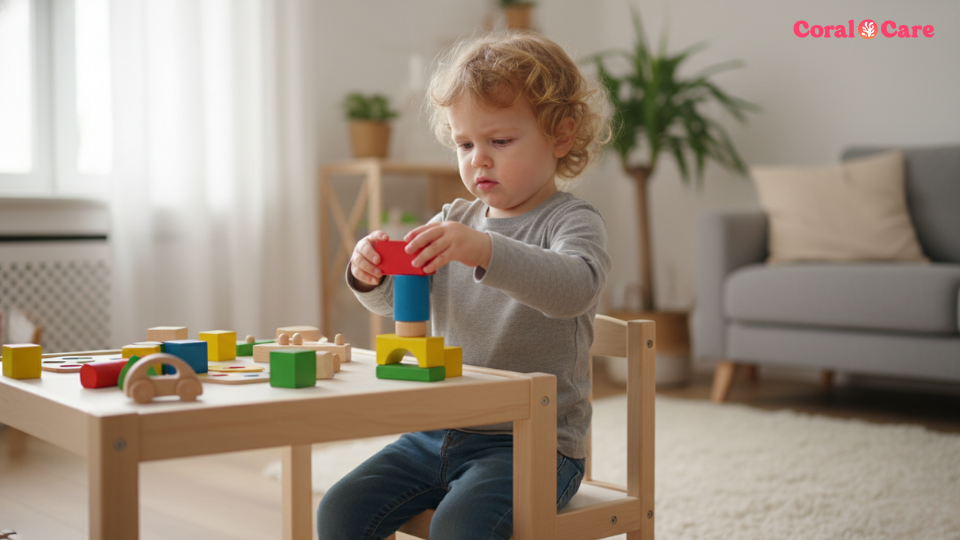 Toddler at 30 months playing with simple puzzle pieces on the floor