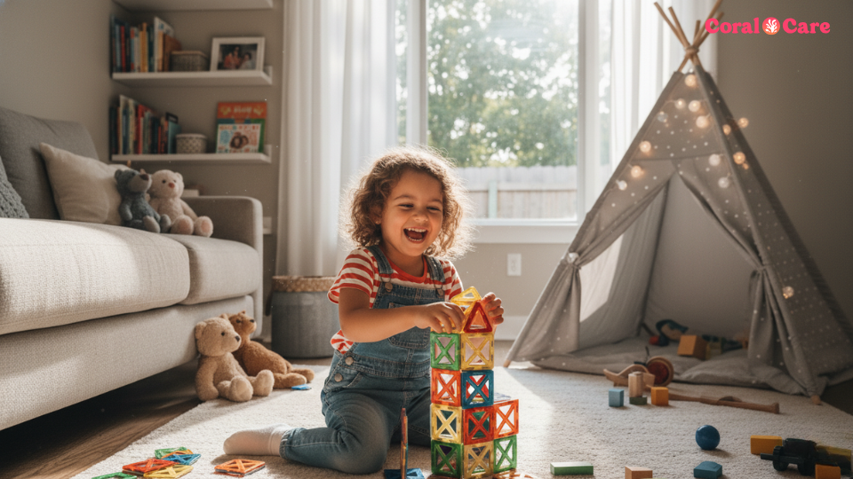 Five-year-old child drawing at a table, showing fine motor development before kindergarten