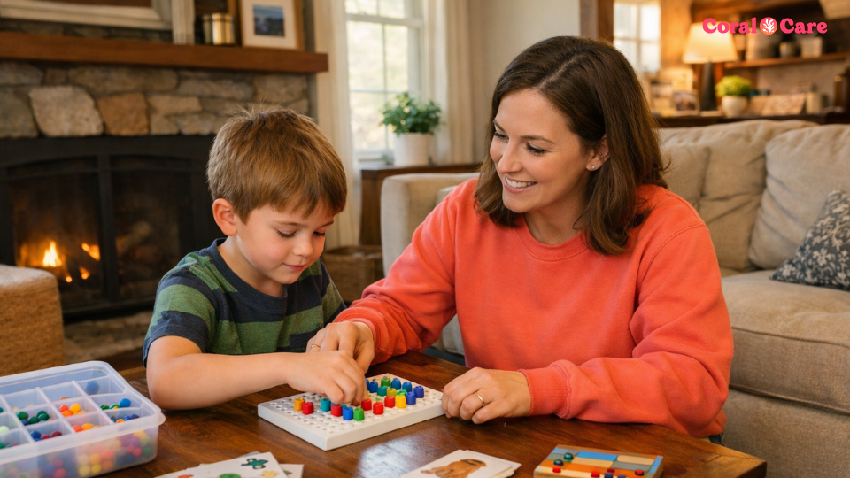 Pediatric therapist working with a child in a Chicago-area home during in-home OT or speech therapy