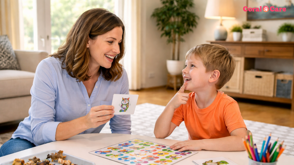 Pediatric therapist working with a child in a Pittsburgh-area home during in-home therapy