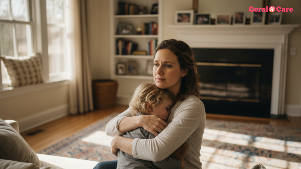 Parent sitting with young child during a therapy session, reviewing developmental support options