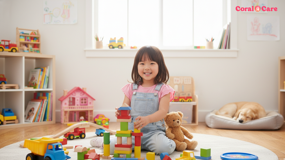 Three-year-old child engaged in imaginative play with toy figures at home