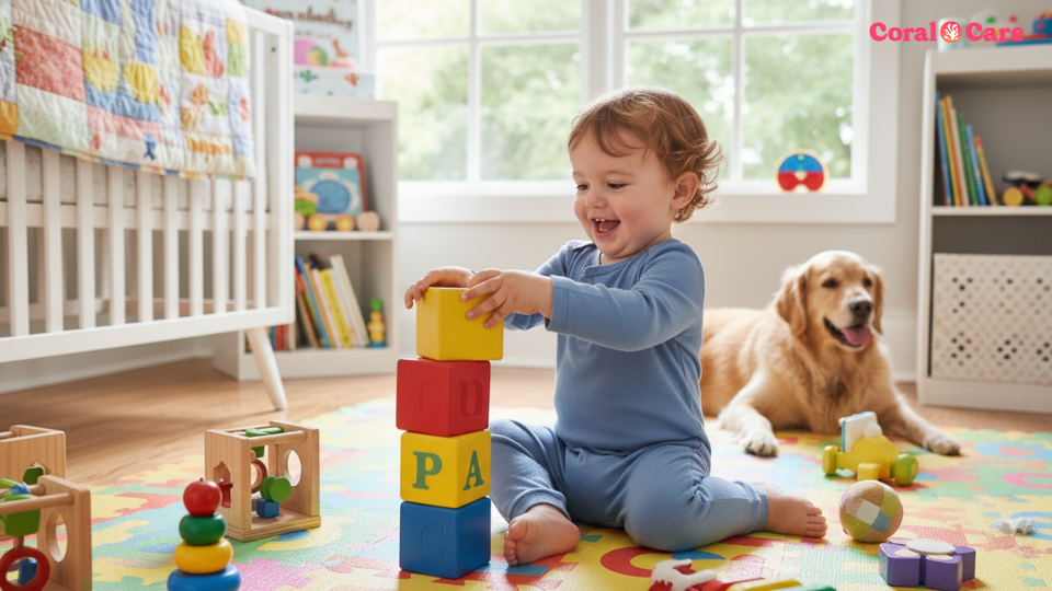 9-month-old baby sitting independently and exploring a toy during play at home