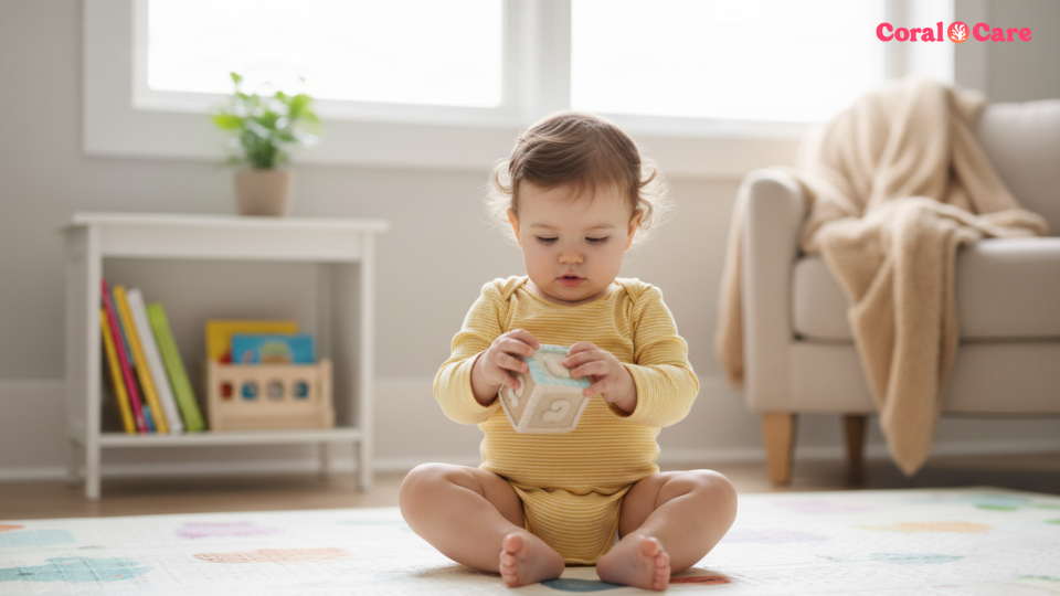 Six-month-old baby sitting with support on a play mat, exploring a toy with both hands