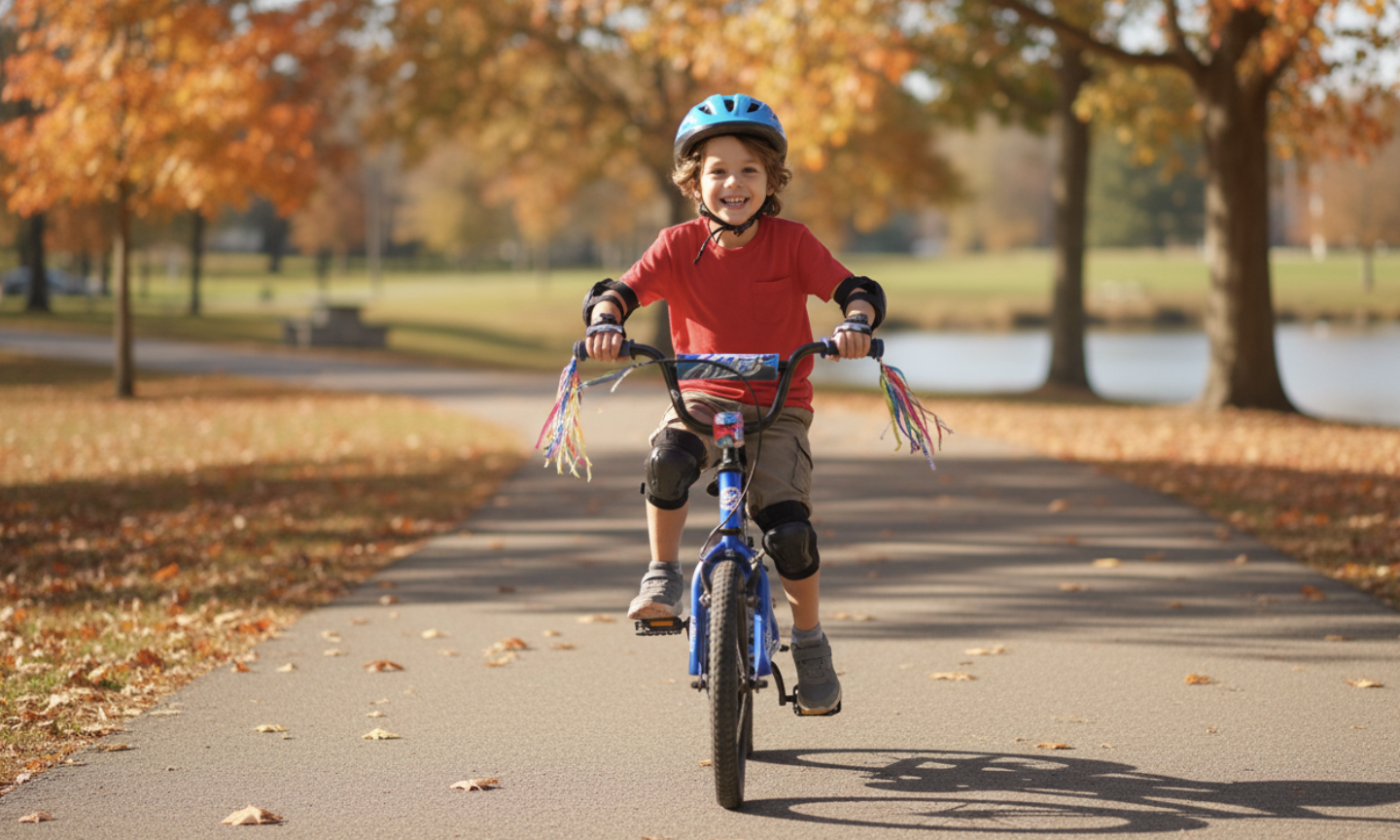 7 year old child riding a bike outside