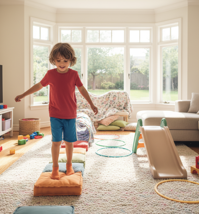 Child doing an obstacle course in the living room
