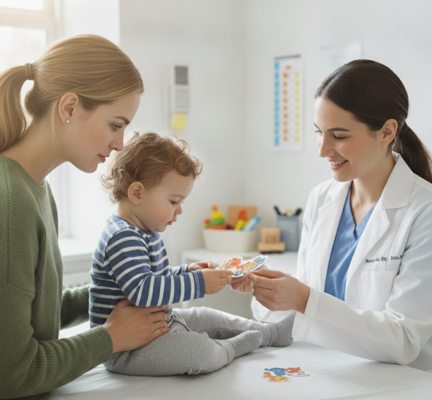 Toddler at the pediatrician. Mom is there holding child on the table.